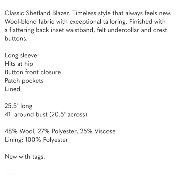 TALBOTS Wool Classic Bright Blue Felted Shetland Blazer Jacket - Picture 7 of 16